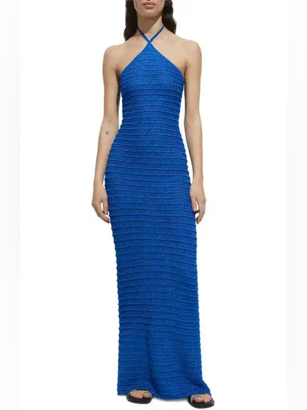 Mango Metallic Lurex Knit Halter Maxi Dress Cobalt Blue Size Medium NWT